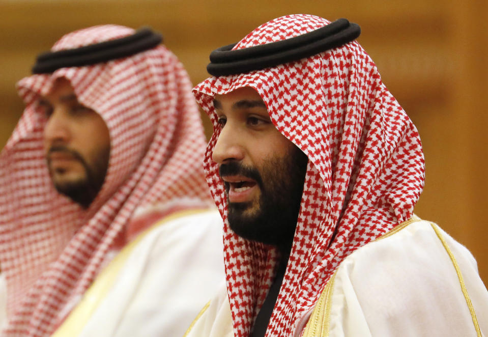 Saudi Crown Prince Mohammad bin Salman, right, speaks to Chinese President Xi Jinping during a meeting at the Great Hall of the People in Beijing, Feb. 22, 2019. Prince Mohammad is in China as part of a tour of Asian countries. (Photo: How Hwee Young/Pool Photo via AP)