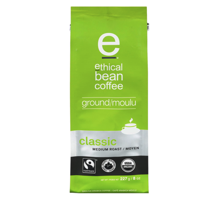 Ethical Bean Fair Trade Organic Coffee, Classic Medium Roast, Ground Coffee. Image via Amazon.