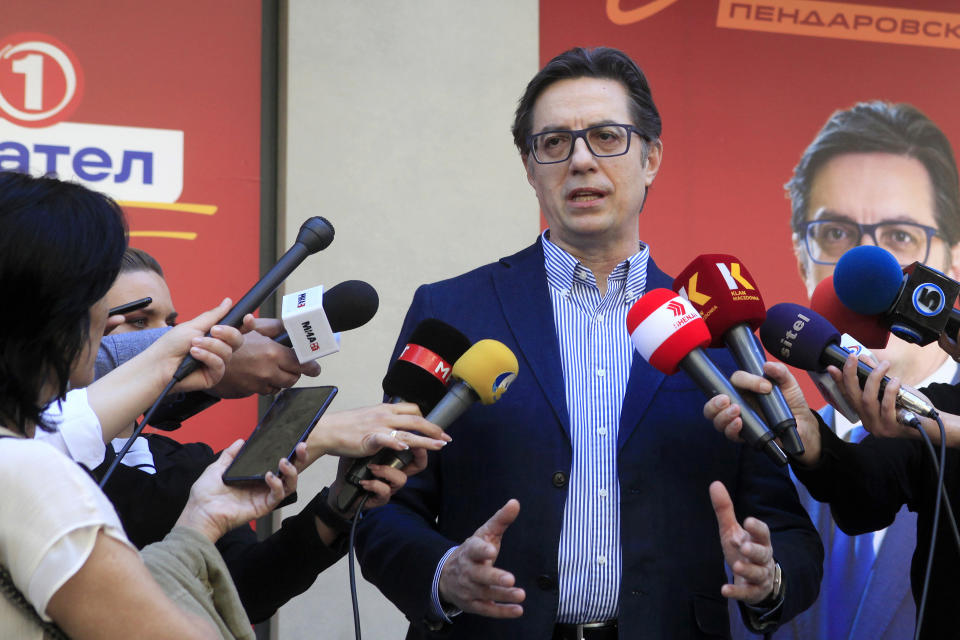 Current president Stevo Pendarovski, backed by ruling Social-democrats, talks at the opening of his electoral headquarters in Skopje, North Macedonia, on Thursday, April 4, 2024. North Macedonia's presidential race kicked off on Thursday, with seven candidates vying for the post in a two-round vote that will conclude on May 8. (AP Photo/Boris Grdanoski)