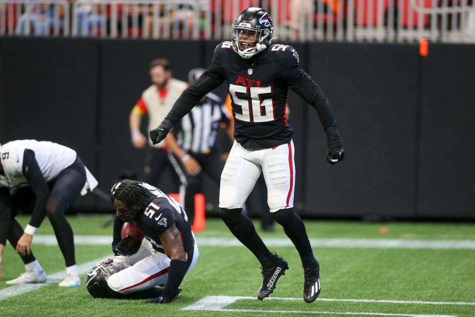 Aug 27, 2022; Atlanta, Georgia, USA; Atlanta Falcons linebacker Quinton Bell (56) reacts after blocking a punt against the Jacksonville Jaguars in the first half at Mercedes-Benz Stadium. Mandatory Credit: Brett Davis-USA TODAY Sports