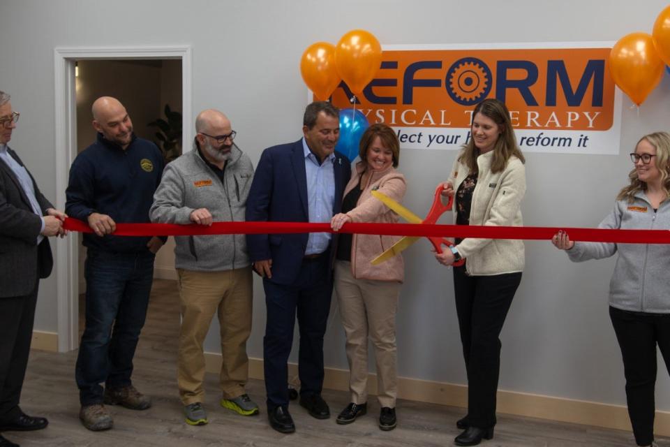 From left to right are Michael Sullivan, John Golembiewski, Tim Davoren, PT, ATC, Fred Forsley, founder of Shipyard Brewing Company, Jill Partridge, owner of Reform Physical Therapy, Shellie Jenkins, PT, MSPT, Amanda Rider.