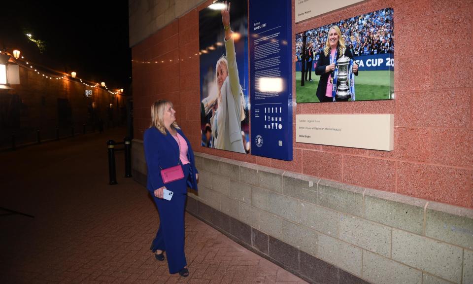 <span>Emma Hayes visits her Shed Wall installation at Stamford Bridge earlier this month.</span><span>Photograph: Harriet Lander/Chelsea FC/Getty Images</span>