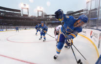 <p>ST LOUIS, MO – JANUARY 02: Dmitrij Jaskin #23 of the St. Louis Blues and Robby Fabbri #15 of the St. Louis Blues vie for the puck in the corner during the 2017 Bridgestone NHL Winter Classic at Busch Stadium on January 2, 2017 in St Louis, Missouri. (Photo by Brian Babineau/NHLI via Getty Images) </p>