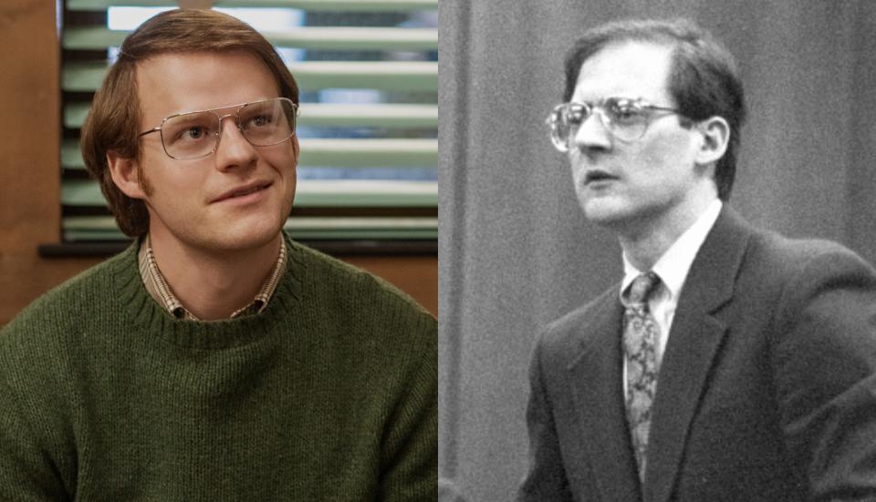 Lucas Hedges (L) as Robert Gottlieb in the Netflix film "Shirley". Robert Gottlieb (R) at the courthouse in Riverhead, New York on March 13, 1989.