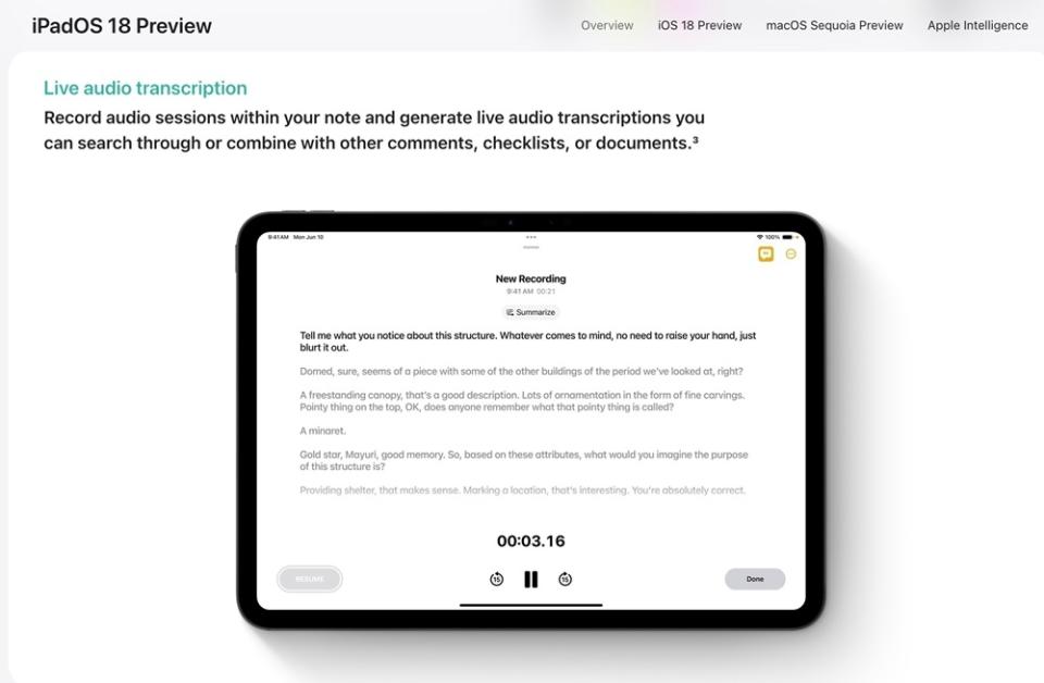 'Live' transcription is an exciting feature to look forward to in the next update of Notes. — Screenshot of the iPadOS 18 Preview page