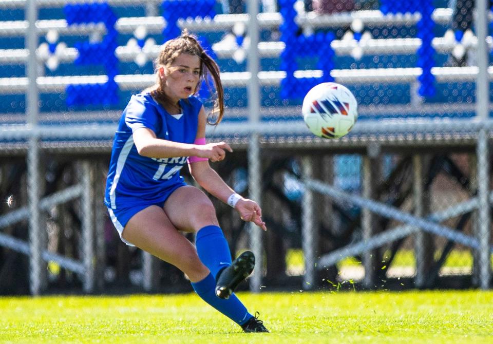 Marian’s Mia Veldman (14) during the Marian vs. West Lafayette regional championship soccer game Saturday, Oct. 15, 2022 at Marian High School.