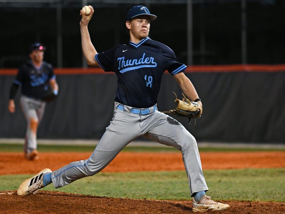 Out-of-Door Academy's Luke Geske a right-handed pitcher, pitches against Lemon Bay Tuesday night, April 4, 2023, at Jack Llewellyn Memorial Field in Englewood.