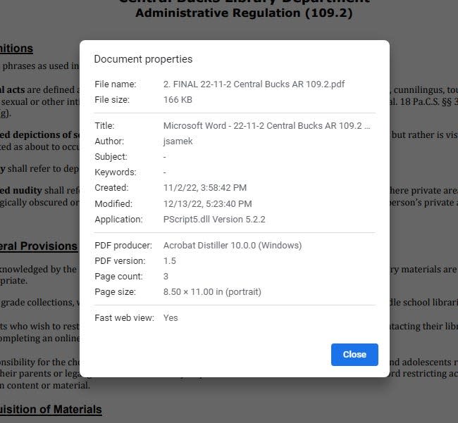 Metadata of a leaked copy of Central Bucks School District's library policy administrative regulations list an author who appears to be an attorney with the PA Family Institute.