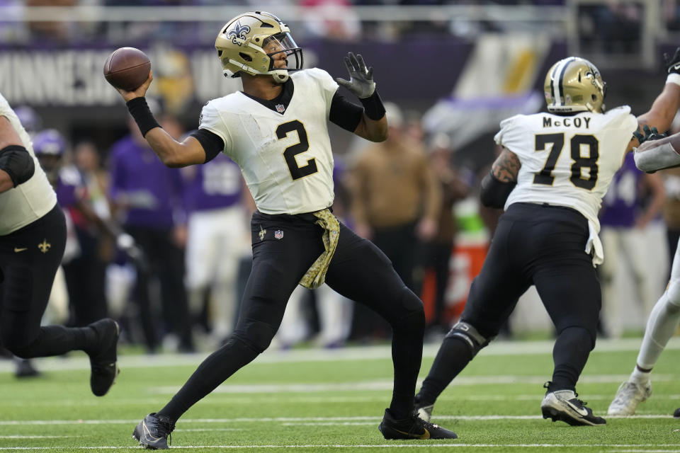 New Orleans Saints quarterback Jameis Winston (2) passes against the Minnesota Vikings during the second half of an NFL football game Sunday, Nov. 12, 2023, in Minneapolis. (AP Photo/Abbie Parr)