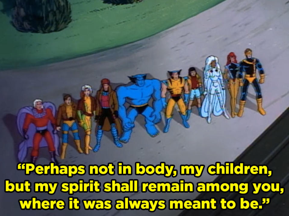All the X-Men looking up towards the sky as the professor says, "Perhaps not in body, my children, but my spirit shall remain among you, where it was always meant to be."
