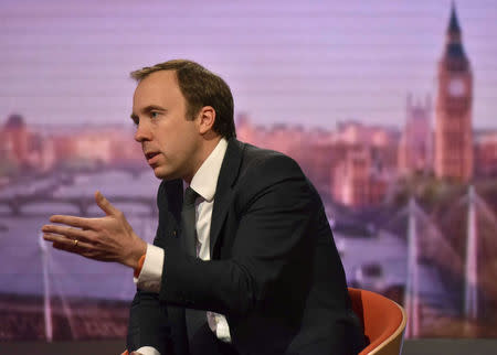 Britain's Secretary of State for Digital, Culture, Media and Sport, Matt Hancock, appears on the BBC's Marr Show in London, Britain, May 20, 2018. Jeff Overs/BBC/Handout via REUTERS