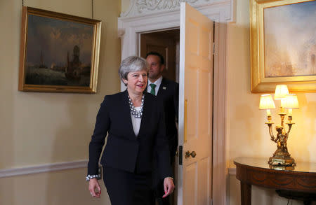 Britain's Prime Minister Theresa May welcomes Ireland's Taoiseach Leo Varadkar to Downing Street in London, September 25, 2017. REUTERS/Hannah McKay