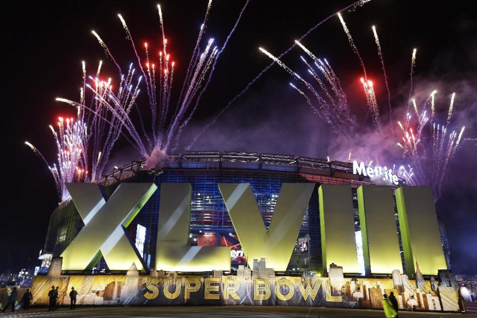 Fireworks burst over MetLife Stadium before the NFL Super Bowl XLVIII football game between the Seattle Seahawks and the Denver Broncos, Sunday, Feb. 2, 2014, in East Rutherford, N.J. (AP Photo/Seth Wenig)