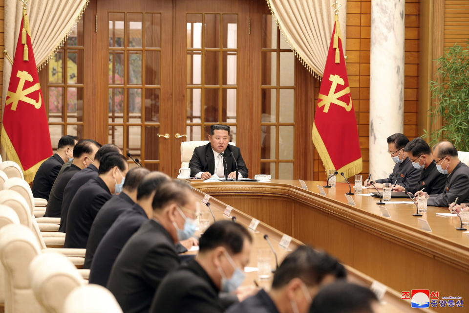 North Korean leader Kim Jong Un chairs a Worker's Party meeting on coronavirus disease (COVID-19) outbreak response in this undated photo released by North Korea's Korean Central News Agency (KCNA) on May 12, 2022.  KCNA via REUTERS    ATTENTION EDITORS - THIS IMAGE WAS PROVIDED BY A THIRD PARTY. REUTERS IS UNABLE TO INDEPENDENTLY VERIFY THIS IMAGE. NO THIRD PARTY SALES. SOUTH KOREA OUT. NO COMMERCIAL OR EDITORIAL SALES IN SOUTH KOREA.