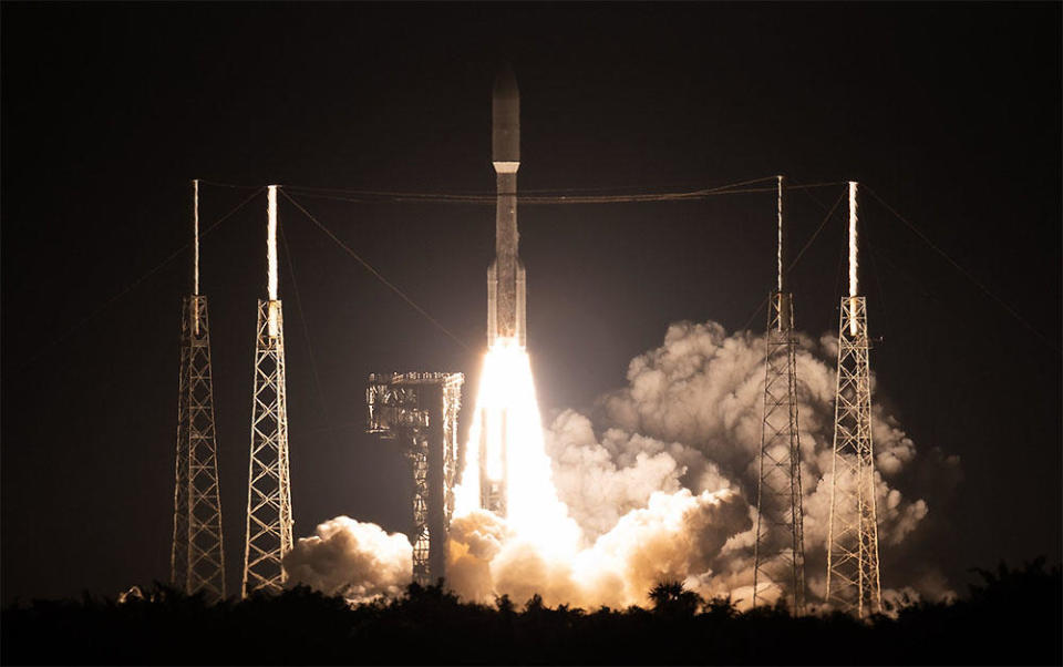 A United Launch Alliance Atlas 5 rocket roars away from Cape Canaveral carrying two Space Force satellites loaded with a variety of high tech sensors and experiments, including a NASA laser communications system. / Credit: NASA