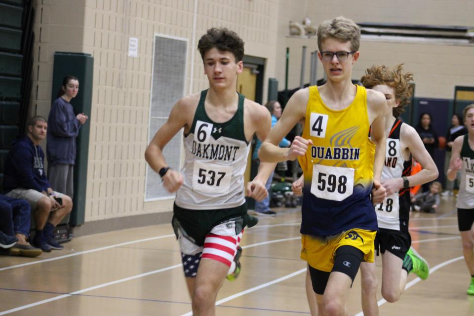 Oakmont's Jayden Brostrom (left) races in the 1000 meter event, placing first at a meet at Wachusett Regional on January 10, 2024.