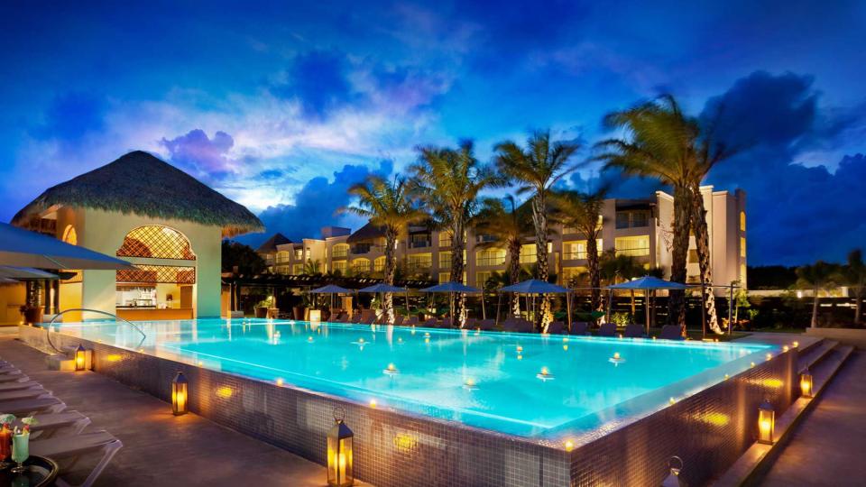 The night time view of the pool at Hard Rock Hotel in Punta Cana