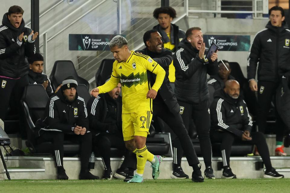 Crew forward Cucho Hernandez, here being urged on by Wilfried Nancy, has goals in back-to-back games after he scored Wednesday against Monterrey.