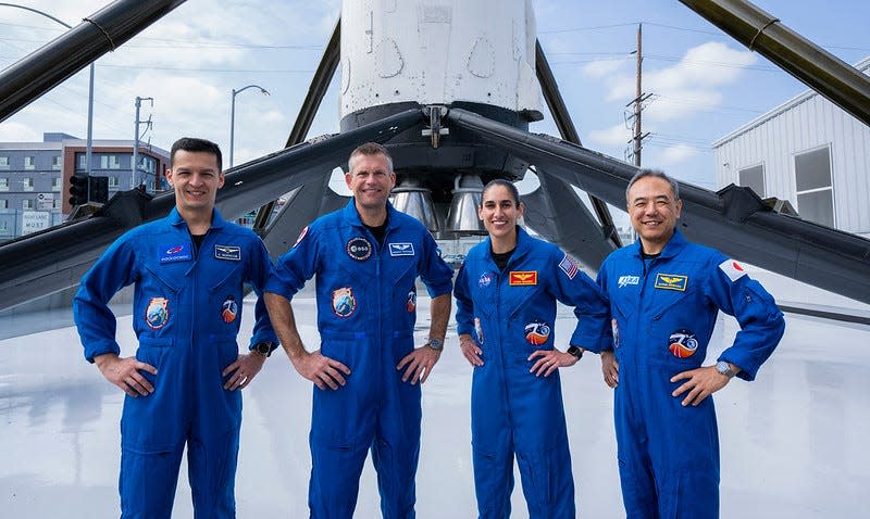 The four crew members of NASA's SpaceX Crew-7 pose in front of a SpaceX Falcon 9 booster at the company's Hawthorne, California location. This crew is unique: only one American astronaut. From left, Russian cosmonaut Konstantin Borisov, European Space Agency astronaut Andreas Mogensen of Denemark, NASA astronaut Jasmin Moghbeli, and Japan Aerospace Exploration Agency astronaut Satoshi Furakawa.
(Credit: SpaceX)