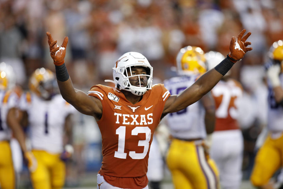 Texas Longhorns wide receiver Brennan Eagles #13 celebrates after scoring a touchdown against the LSU Tigers, Saturday Sept. 7, 2019 at Darrell K Royal-Texas Memorial Stadium in Austin, Tx. ( Photo by Edward A. Ornelas )