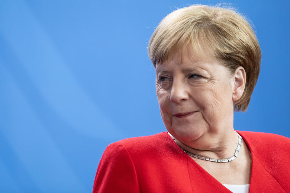 German Chancellor Angela Merkel meets the Prime Minister of Moldova Maia Sandu at the federal chancellery in Berlin, Germany, July 16, 2019. PM Sndu was welcomed by her German counterpart with military honors, followed with bilateral talks and a closing press conference.