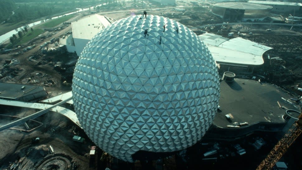 Spaceship Earth at EPCOT under construction. 