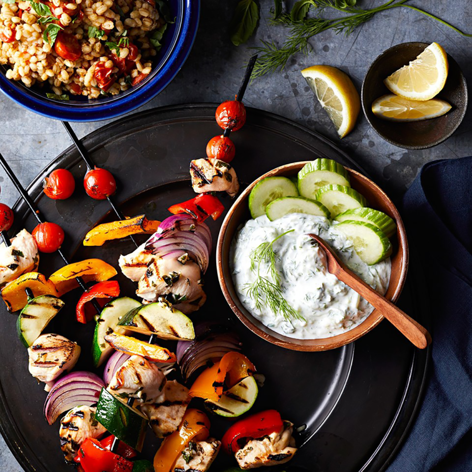 Chicken and Vegetable Souvlaki with Barley Pilaf and Tzatziki