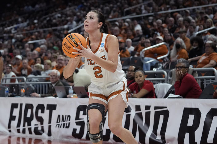 Texas guard Shaylee Gonzales (2) looks to shoot against East Carolina during the second half of a first-round college basketball game in the NCAA Tournament in Austin, Texas, Saturday, March 18, 2023. (AP Photo/Eric Gay)