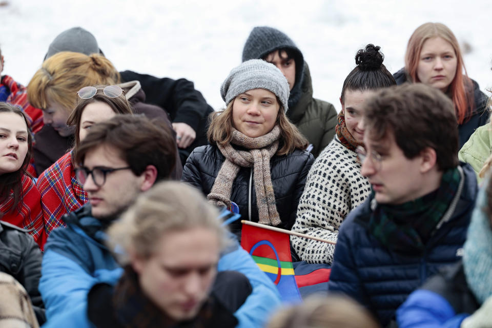 Swedish activist Greta Thunberg and other demonstrators protest against the wind turbines at Fosen, in Oslo, Norway, Friday, March 3, 2023. (Alf Simensen/NTB Scanpix via AP)