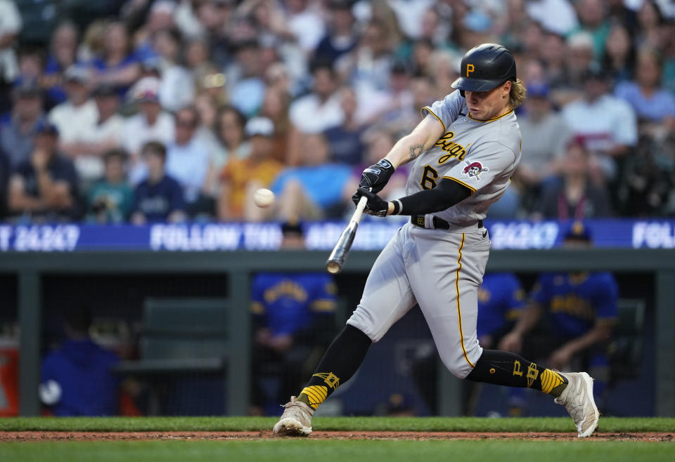 Pittsburgh Pirates' Jack Suwinski hits a two-run home run against the Seattle Mariners during the fifth inning of a baseball game Friday, May 26, 2023, in Seattle. (AP Photo/Lindsey Wasson)