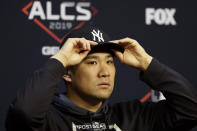New York Yankees starting pitcher Masahiro Tanaka talks with the media during a news conference for a baseball American League Championship Series in Houston, Friday, Oct. 11, 2019. New York will face the Houston Astros, Saturday. (AP Photo/Eric Gay)