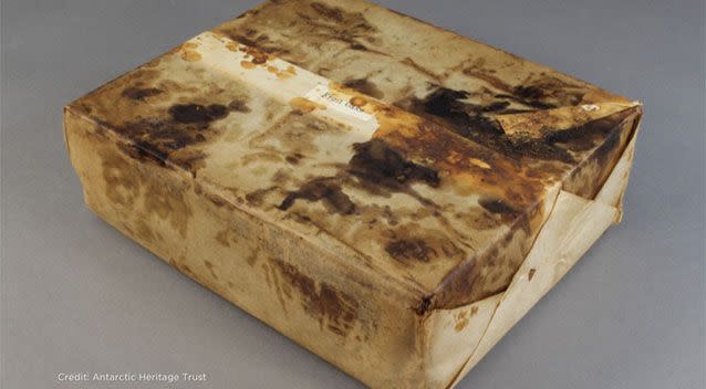 Huntley and Palmer's fruit cake in wrapper. Source: Antarctic Heritage Trust