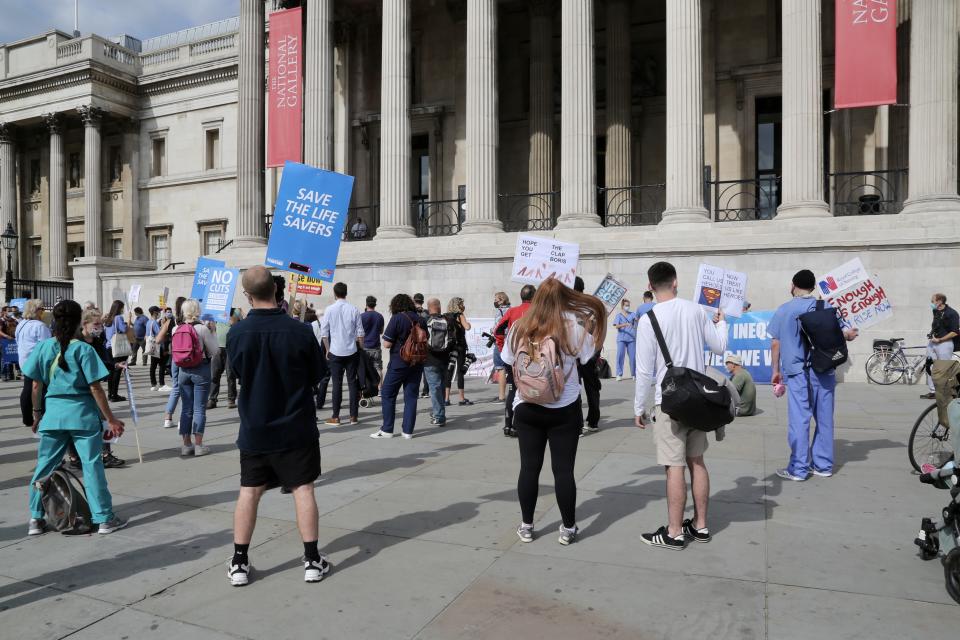 LONDON, UNITED KINGDOM- SEPTEMBER 12: NHS workers attend the 'March for Pay' Demonstration in London, United Kingdom on September 12, 2020. (Photo by Hasan Esen/Anadolu Agency via Getty Images)