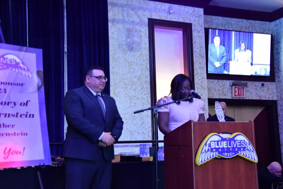 Veve’s wife Esther addressing the attendees at the gala. Blue Lives Matter NYC