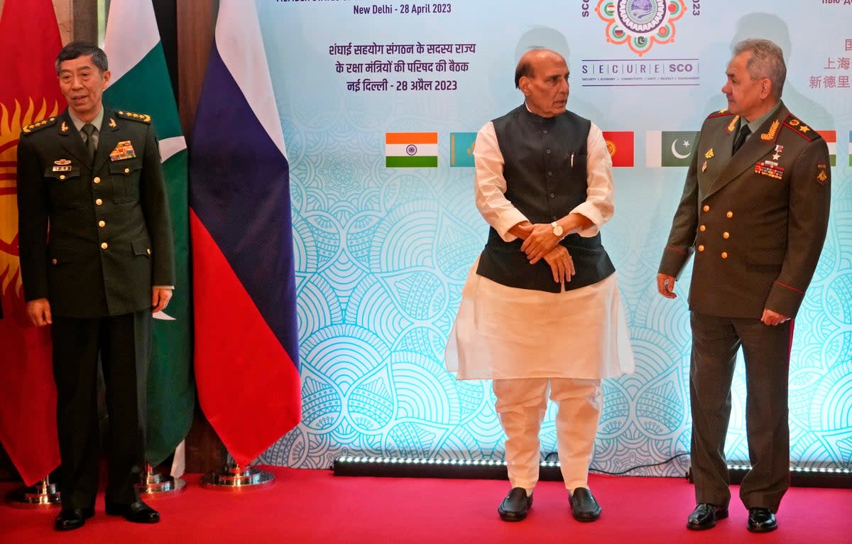 Rajnath Singh, with his Russian Sergei Shoigu, right, and Chinese General Li Shangfu (AP)