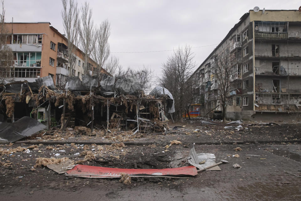 A view of the town of Bakhmut, the site of the heaviest battles with the Russian troops, Donetsk region, Ukraine, Monday, Feb. 27, 2023. (AP Photo/Yevhen Titov)