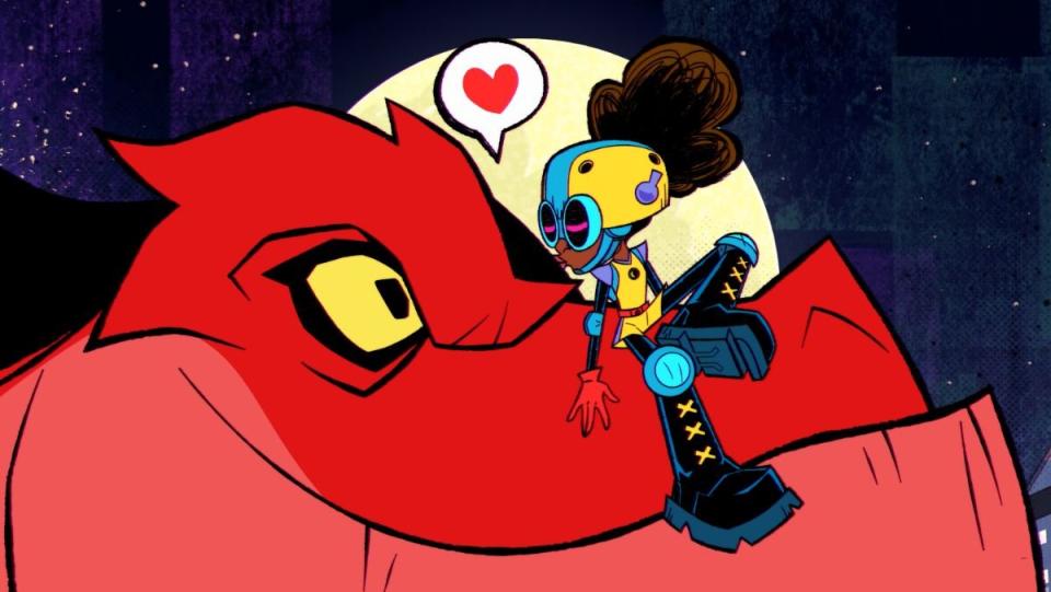 photo of moon girl giving devil dinosaur a kiss on the nose