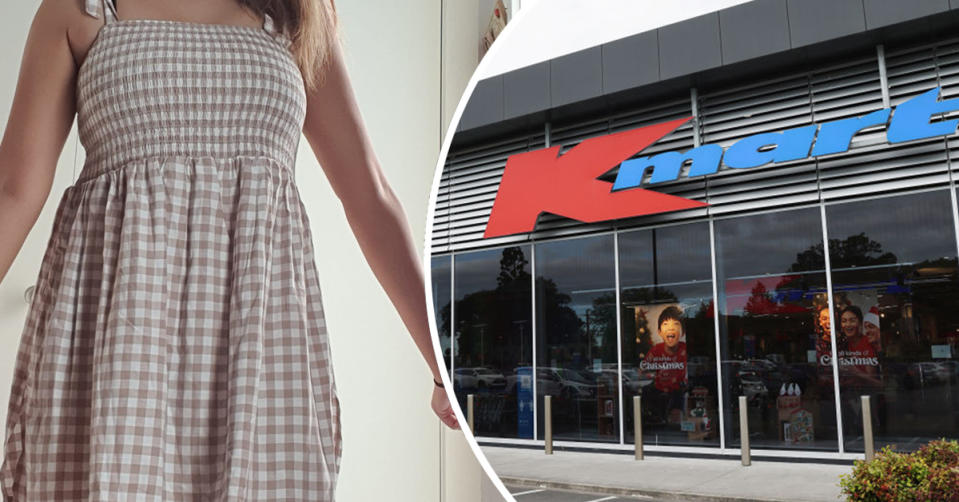 L: Woman wearing a maternity Kmart top as a dress. R: Kmart store