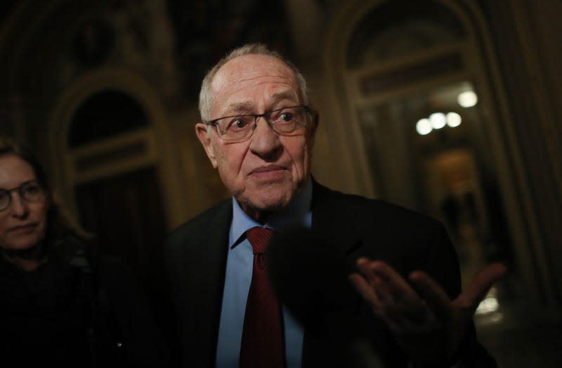 WASHINGTON, DC - JANUARY 29: Attorney Alan Dershowitz, a member of President Donald Trump’s legal team, speaks to the press in the Senate Reception Room during the Senate impeachment trial at the U.S. Capitol on January 29, 2020 in Washington, DC. Wednesday begins the question-and-answer phase of the impeachment trial that will last up to 16 hours over the next two days. 