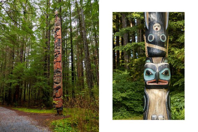 <p>Courtesy of Travel Alaska</p> From left: The Mosquito Legend pole at Sitka National Historical Park; details of a totem pole in Sitka National Historical Park.