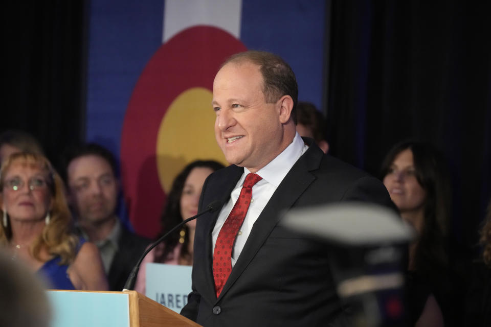 Colorado incumbent Democratic Gov. Jared Polis speaks during an election watch party Tuesday, Nov. 8, 2022, in downtown Denver. (AP Photo/David Zalubowski)