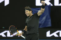Rafael Nadal of Spain reacts to winning the match during his singles match against Maxime Cressy of the United States during the men's final of the Summer Set tournament ahead of the Australian Open in Melbourne, Australia, Sunday, Jan. 9, 2022. (AP Photo/Hamish Blair)