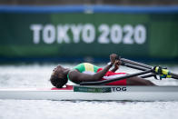 <p>TOKYO, JAPAN - JULY 30: Claire Ayivon of Team Togo reacts after coming in first during the Women's Single Sculls Final F on day seven of the Tokyo 2020 Olympic Games at Sea Forest Waterway on July 30, 2021 in Tokyo, Japan. (Photo by Leon Neal/Getty Images)</p> 