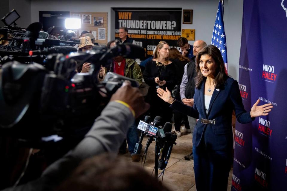 Candidate fort U.S. President, Nikki Haley speaks during  a campaign rally at Thunder Tower Harley Davidson in Pontiac on Monday, Feb. 12, 2024. 