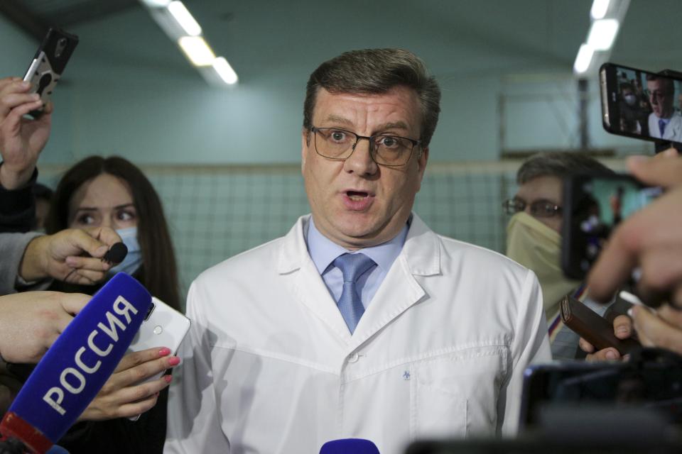 FILE - In this Friday, Aug. 21, 2020 file photo, Alexander Murakhovsky, chief physician of the Omsk Ambulance Hospital No. 1, intensive care unit where Alexei Navalny was hospitalized speaks to the media in Omsk, Russia. Russian opposition leader Alexei Navalny was the victim of an attack and poisoned with the Soviet-era nerve agent Novichok, the German government said Wednesday, Sept. 2 citing new test results. Navalny, a politician and corruption investigator who is one of Russian President Vladimir Putin's fiercest critics, fell ill on a flight back to Moscow from Siberia on Aug 20 and was taken to a hospital in the Siberian city of Omsk after the plane made an emergency landing. (AP Photo/Evgeniy Sofiychuk, File)