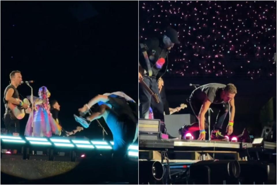Un hombre intenta subirse al escenario durante un concierto de Coldplay en Atenas (Grecia) (TikTok/Fortinorita)
