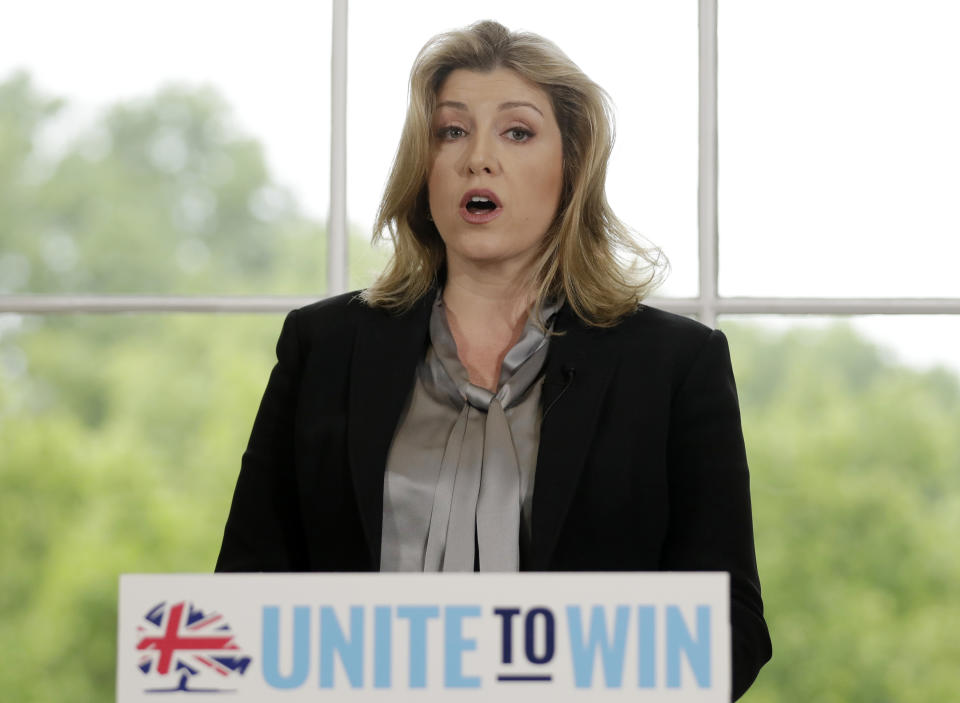 FILE - Britain's Defence Secretary Penny Mordaunt speaks ahead of Foreign Secretary Jeremy Hunt launching his leadership campaign for the Conservative Party in London, Monday June 10, 2019. Britain’s Conservative Party will choose two finalists on Wednesday, July 20, 2022, in the contest to replace Boris Johnson, as the divisive, unrepentant leader makes his final appearance in Parliament as prime minister. (AP Photo/Matt Dunham, File)