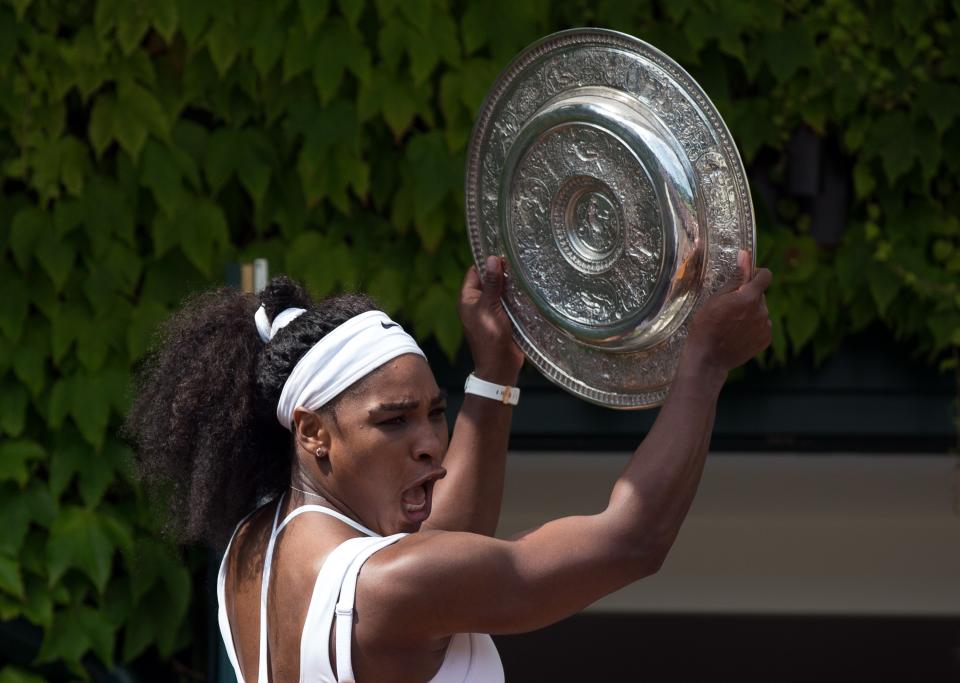 Serena celebrates the Serena Slam after the Wimbledon final earlier this month. (Photo by Carl Court/Getty Images)