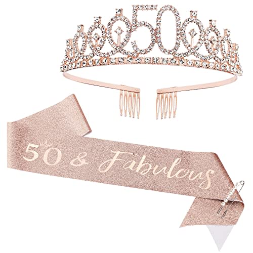 CIEHER 50th Birthday Crown + 50 & Fabulous Birthday Sash+Pearl Pin Set, Birthday Tiara,50th Birthday Gifts for Women Friends, 50th Birthday Decorations for Women, 50th Happy Birthday Party Favor Supplies