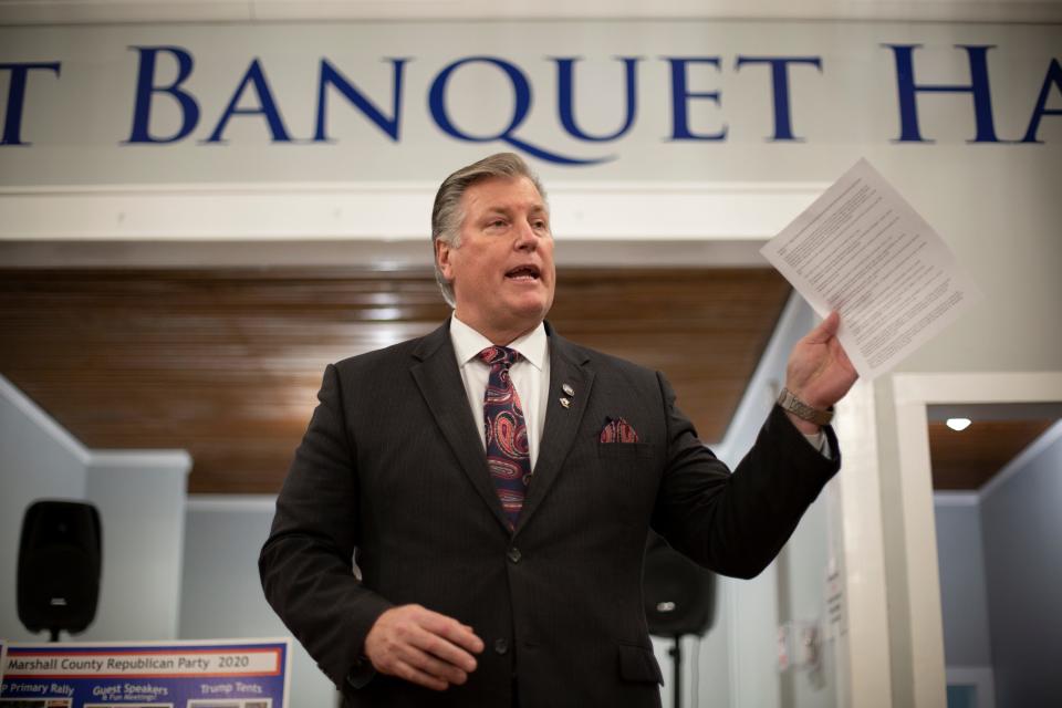 Rep. Scott Cepicky, R-Culleoka, speaks to members of the Marshall County Republican Party inside the Chapel Hill Community Center in Chapel Hill, Tenn., on Thursday, March 10, 2022.